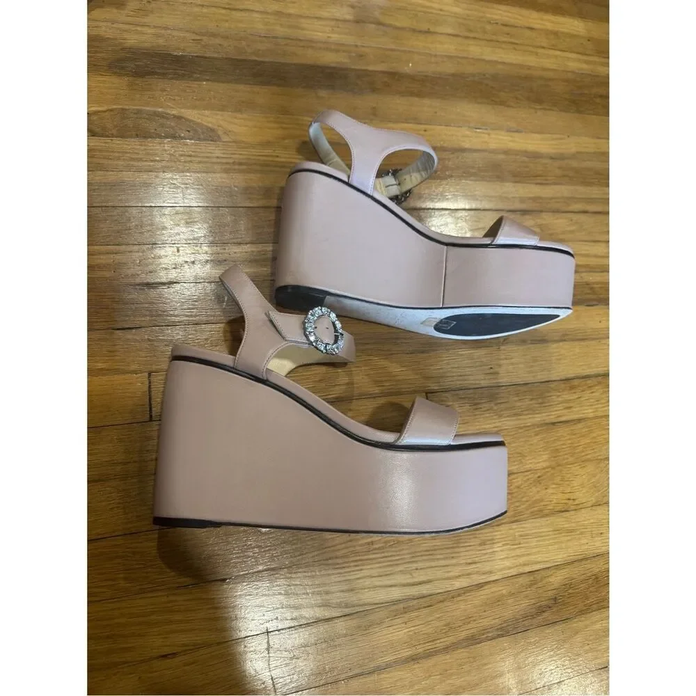 Jimmy Choo Jimmy Nylah 100 Crystal Buckle Leather Platform Wedge Sandals 41.5